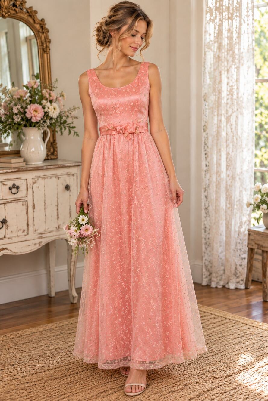 Vintage Pink Handmade Floral Overlay Maxi Gown Dress  XS